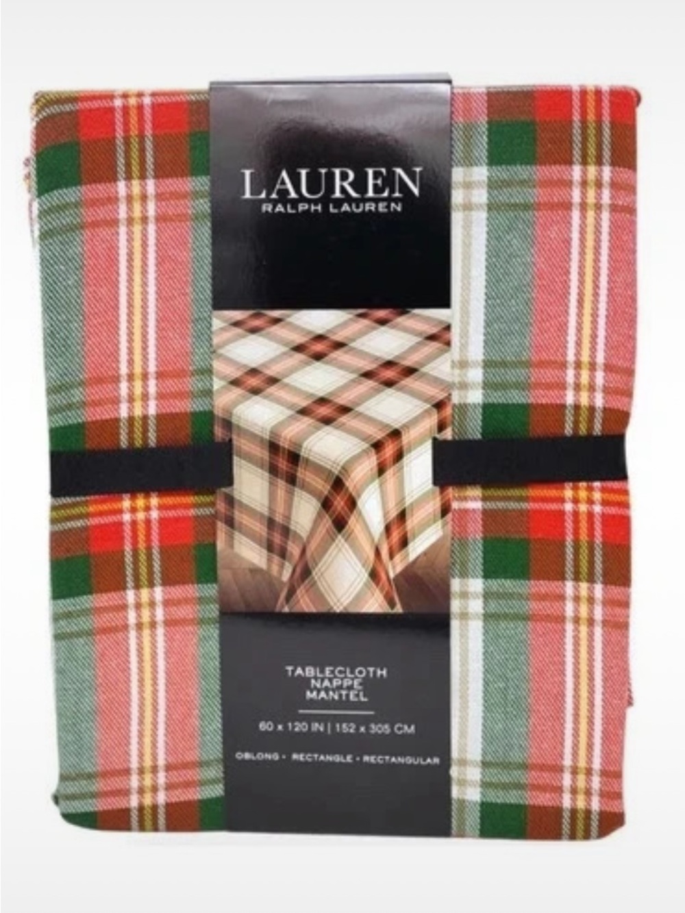 Ralph Lauren 60”x120”Holiday Plaid Tablecloth with Red & Green